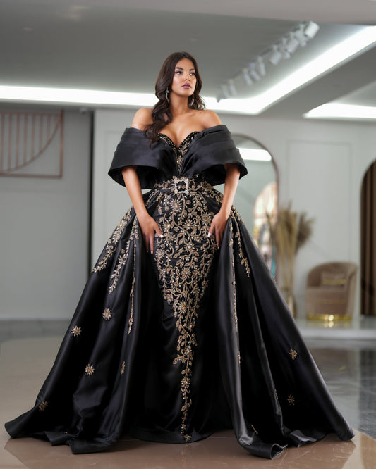 Elia Off-Shoulder Dress with Majestic Overskirt and Glittering Stones - Blini Fashion House