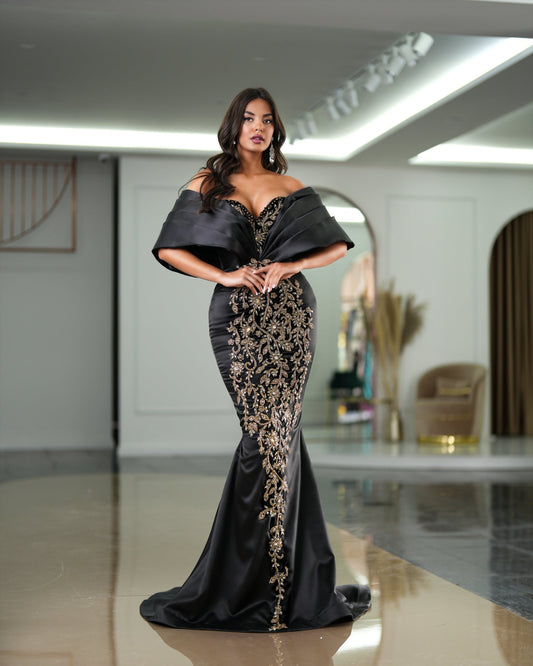 Elia Off-Shoulder Dress with Majestic Overskirt and Glittering Stones - Blini Fashion House