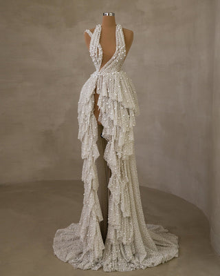Elegant Bridal Gown with Cut-Outs and Deep Slit Embellished with Pearls