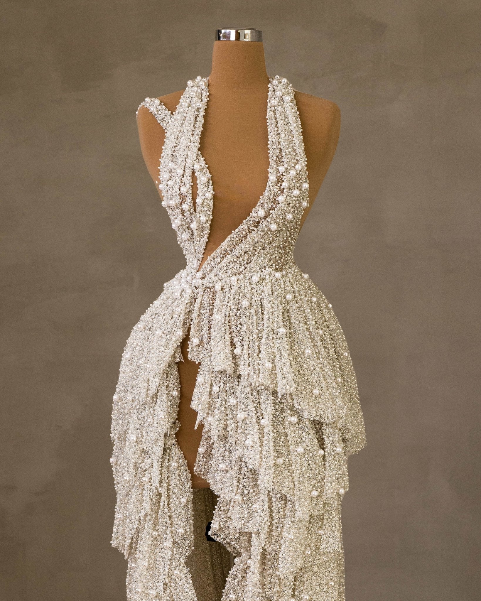 Cut-Outs and Deep Slit Bridal Dress with Pearl Details