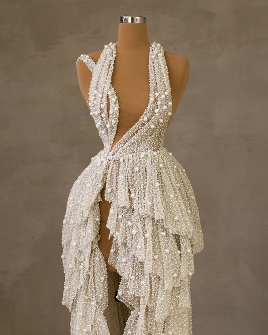 Cut-Outs and Deep Slit Bridal Dress with Pearl Details