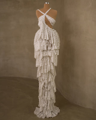Elegant Bridal Dress featuring Twist Neck and Pearls