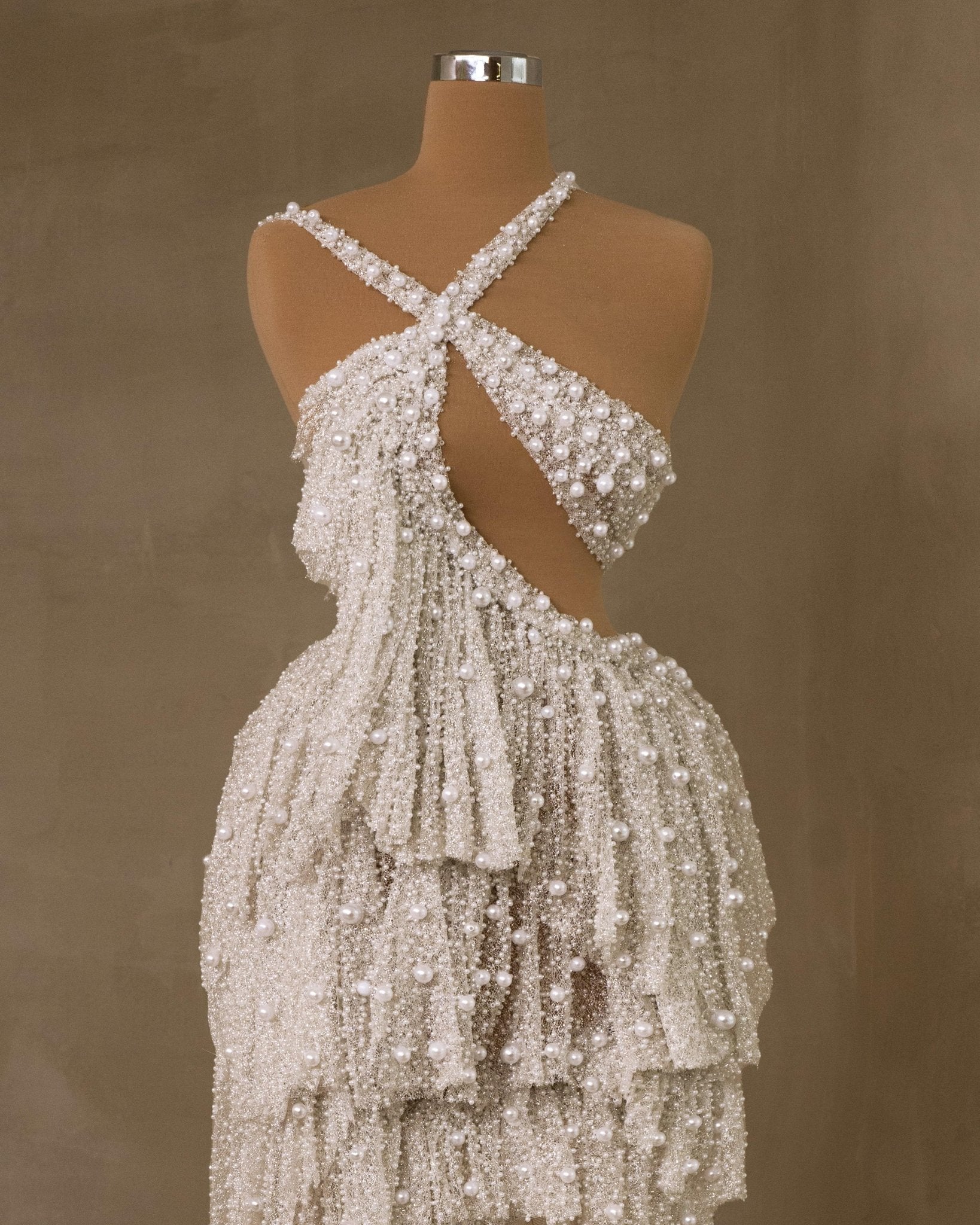 Twist Neck Cut-Out Bridal Gown with Pearl Embellishments