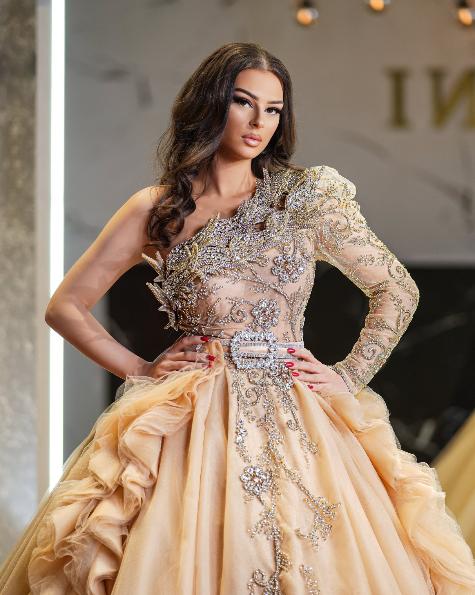 One shoulder ball gown