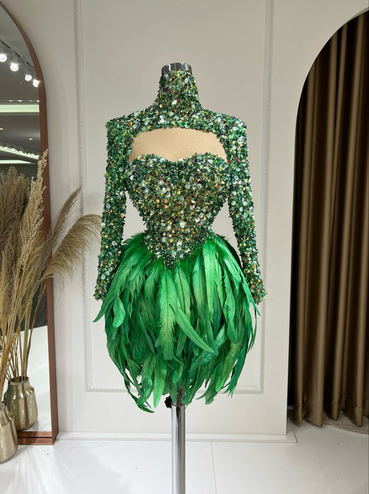 Elina High Neck Dress with Sequins and Feather Embellishments - Blini Fashion House