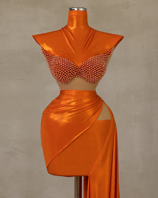 Chic Orange High-Neck Dress with Pearl Embellishments