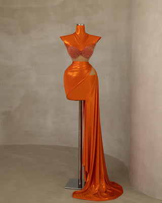 Elegant Pearl-Adorned High-Neck Orange Dress