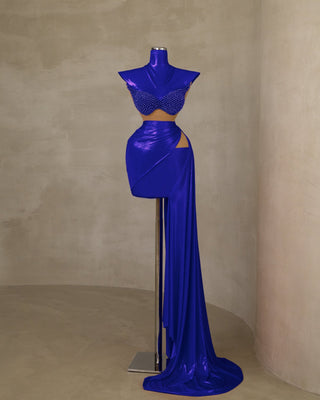 Elegant Pearl-Adorned High-Neck Blue Dress