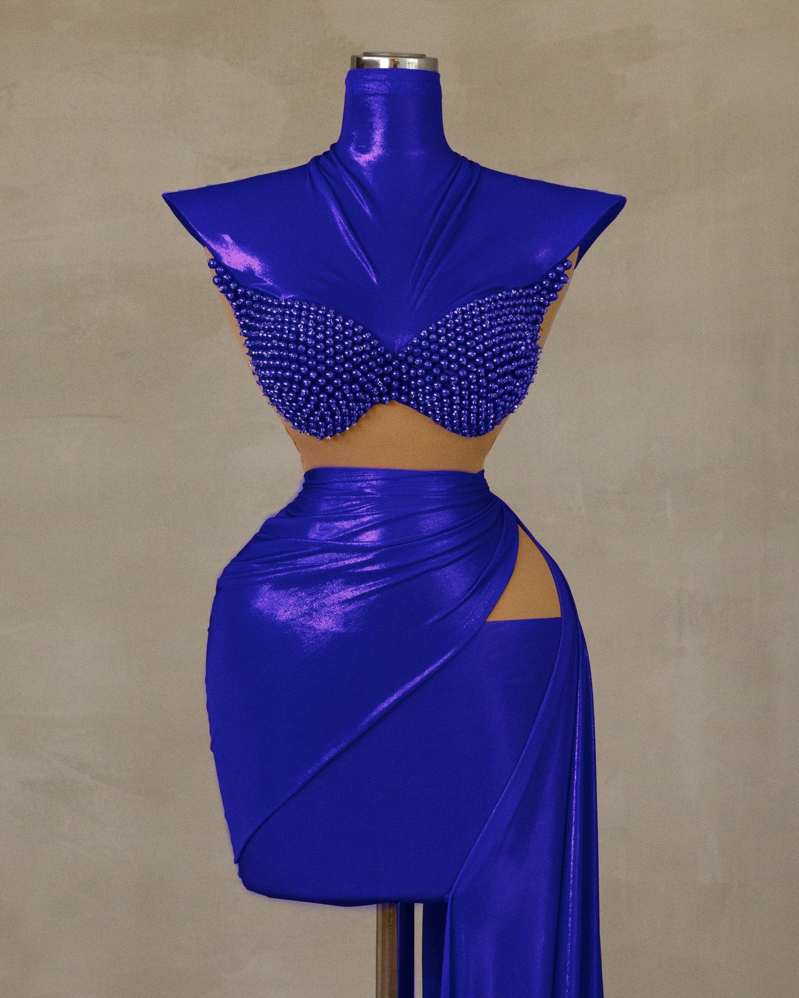 Chic Blue High-Neck Dress with Pearl Embellishments