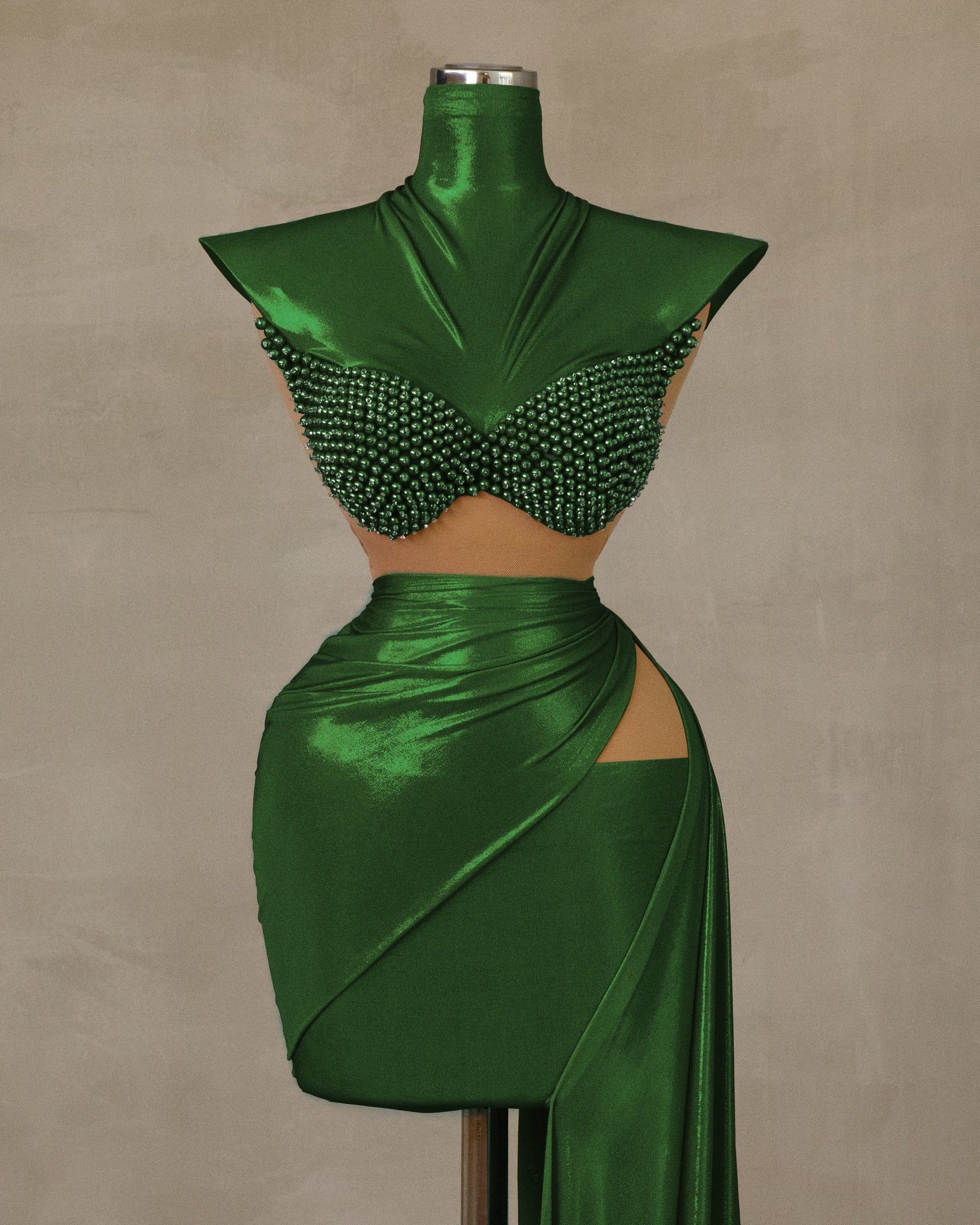 Chic Forest Green High-Neck Dress with Pearl Embellishments