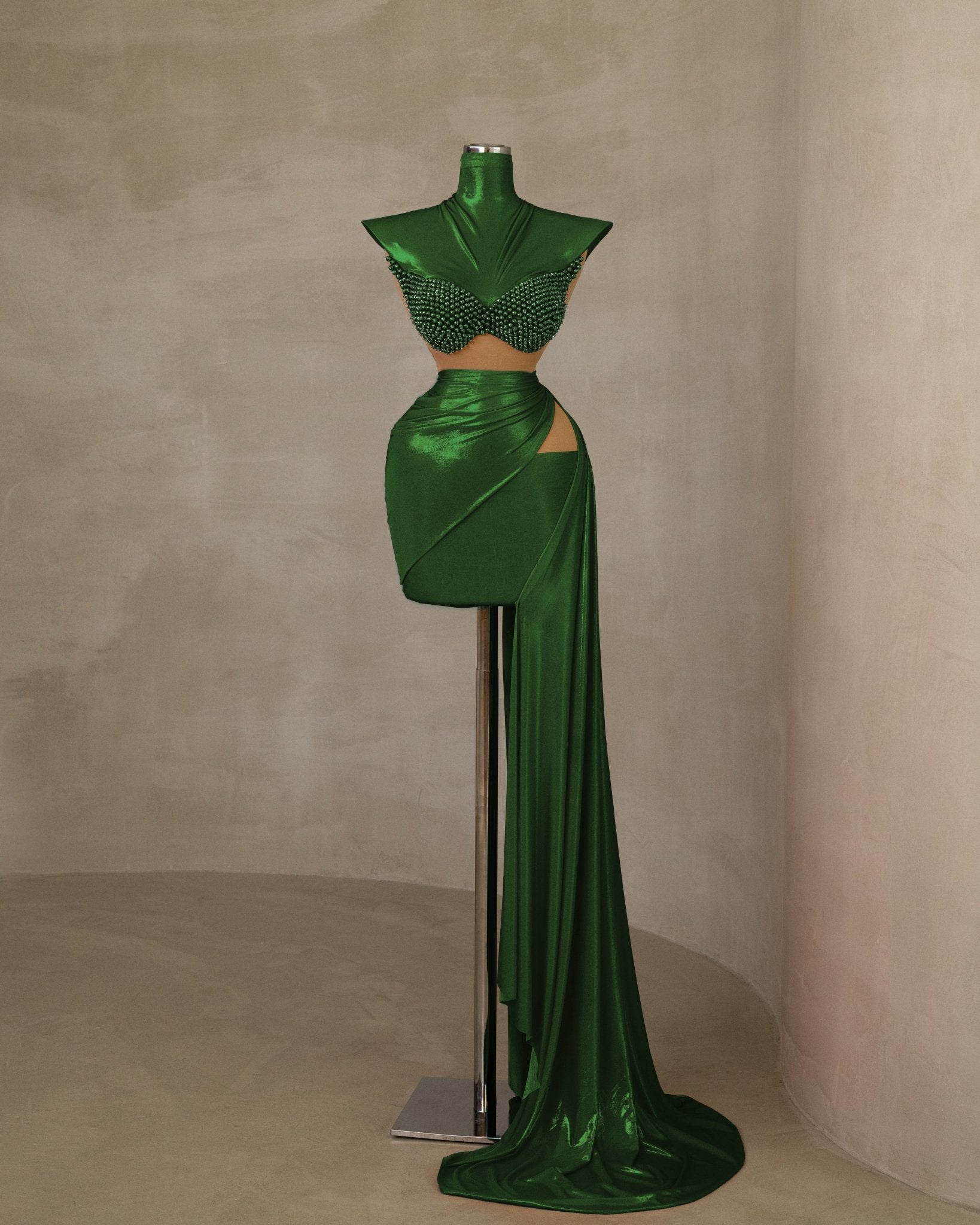 Elegant Pearl-Adorned High-Neck Forest Green Dress