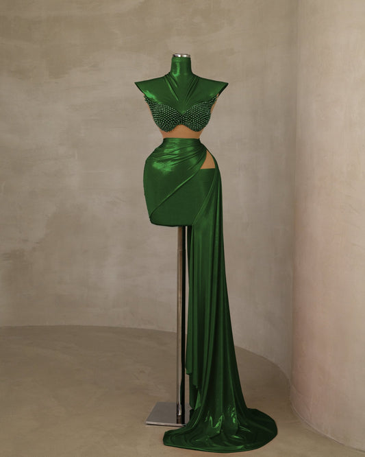 Elegant Pearl-Adorned High-Neck Forest Green Dress