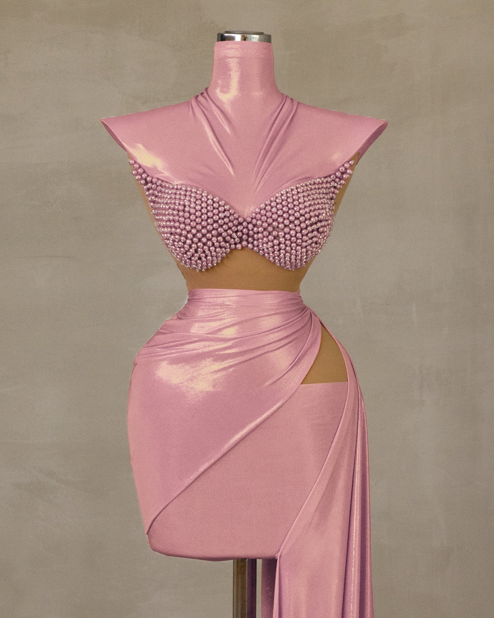 Charming Light Pink High-Neck Dress with Pearl Embellishments