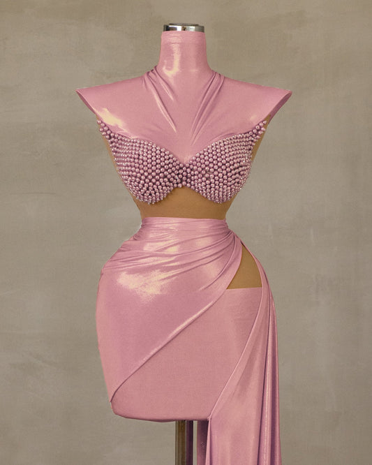 Charming Light Pink High-Neck Dress with Pearl Embellishments