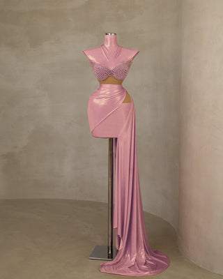 Elegant Pearl-Adorned High-Neck Pink Dress