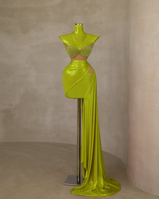 Elegant Pearl-Adorned High-Neck Green Dress