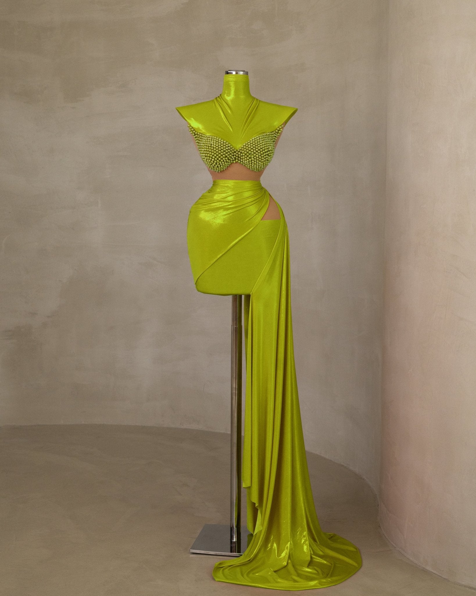 Elegant Pearl-Adorned High-Neck Green Dress