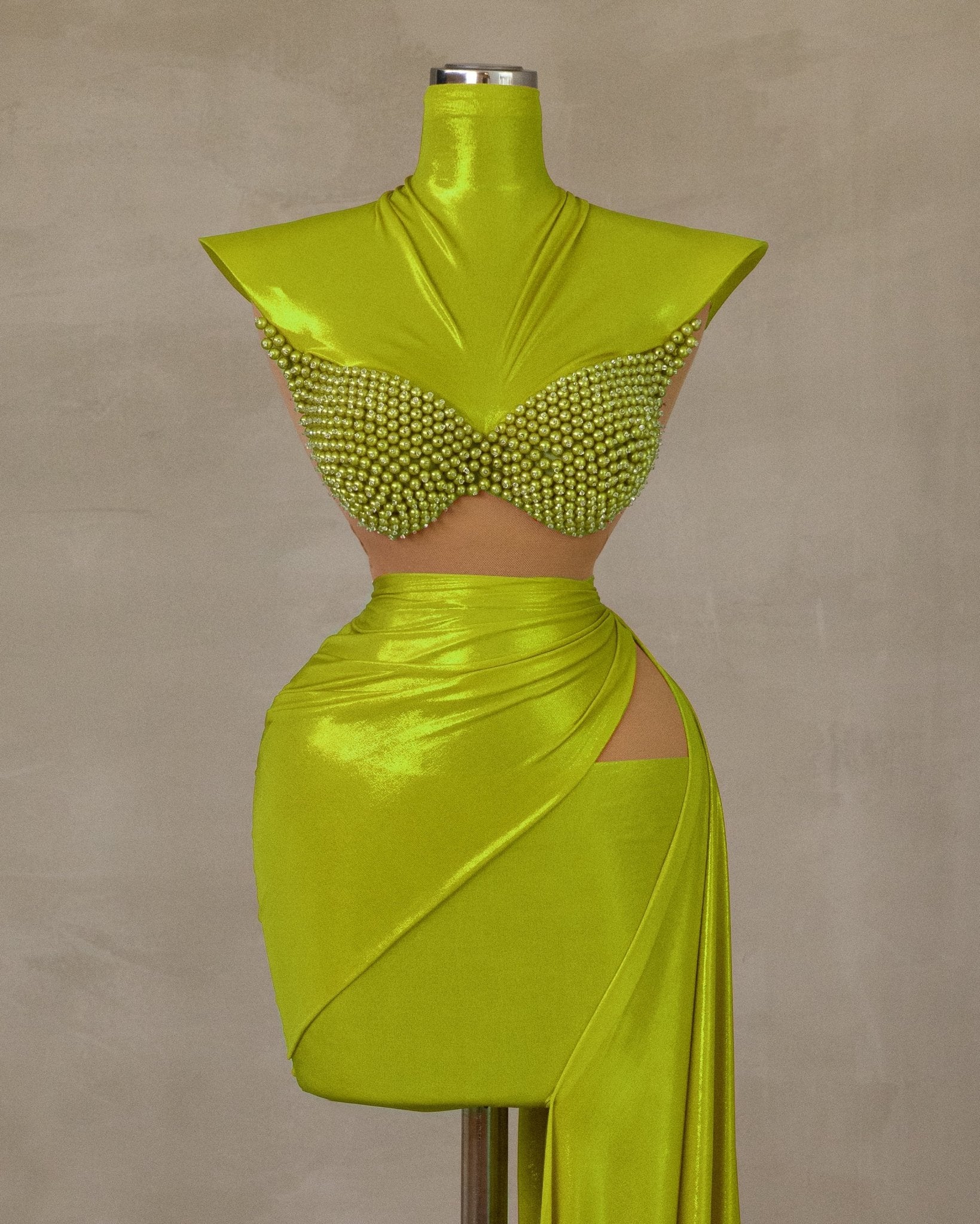 Chic Light Green High-Neck Dress with Pearl Embellishments