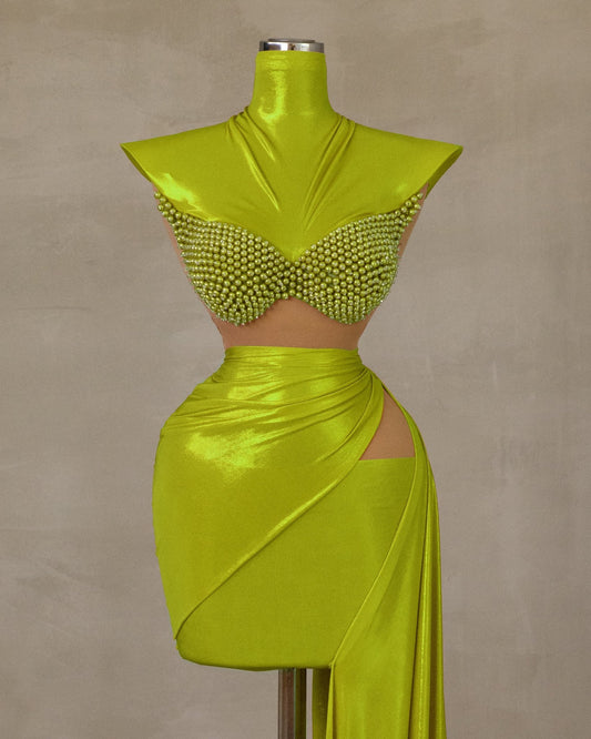 Chic Light Green High-Neck Dress with Pearl Embellishments