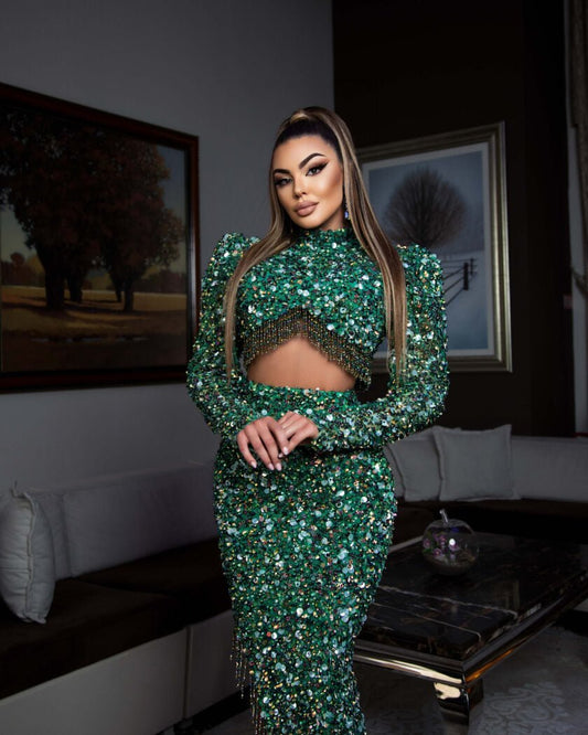 Elle Chic Sequins Two Piece Dress with High Neck - Blini Fashion House