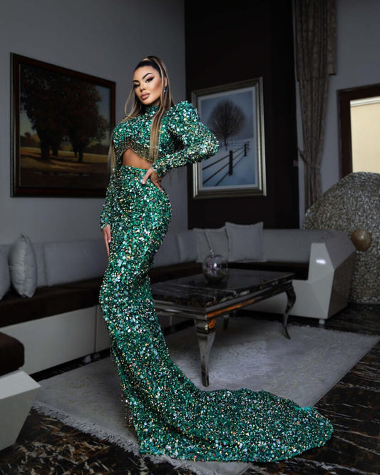 Elle Chic Sequins Two Piece Dress with High Neck - Blini Fashion House