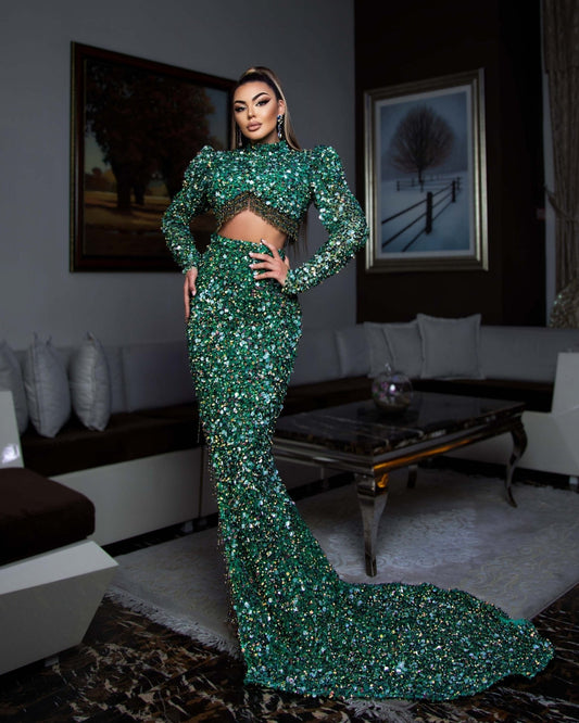 Elle Chic Sequins Two Piece Dress with High Neck - Blini Fashion House