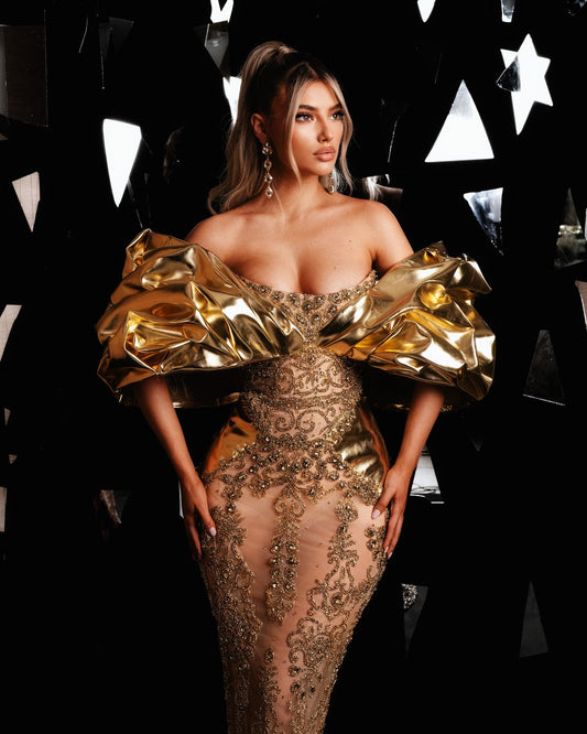 Luxurious Off-Shoulder Gold Dress with Metallic Leather Detailing