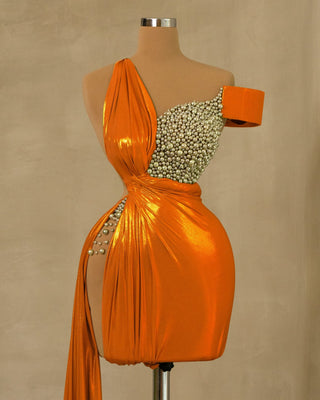 Chic Orange Short Dress with Side Tail and Pearl Embellishments - Shop Now