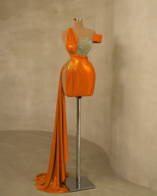 Vibrant Side Tail Orange Dress Adorned with Pearls for Stylish Events