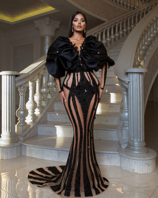 Elodiè Delicate Dress with Crystal Embroidery and Puff Sleeves - Blini Fashion House