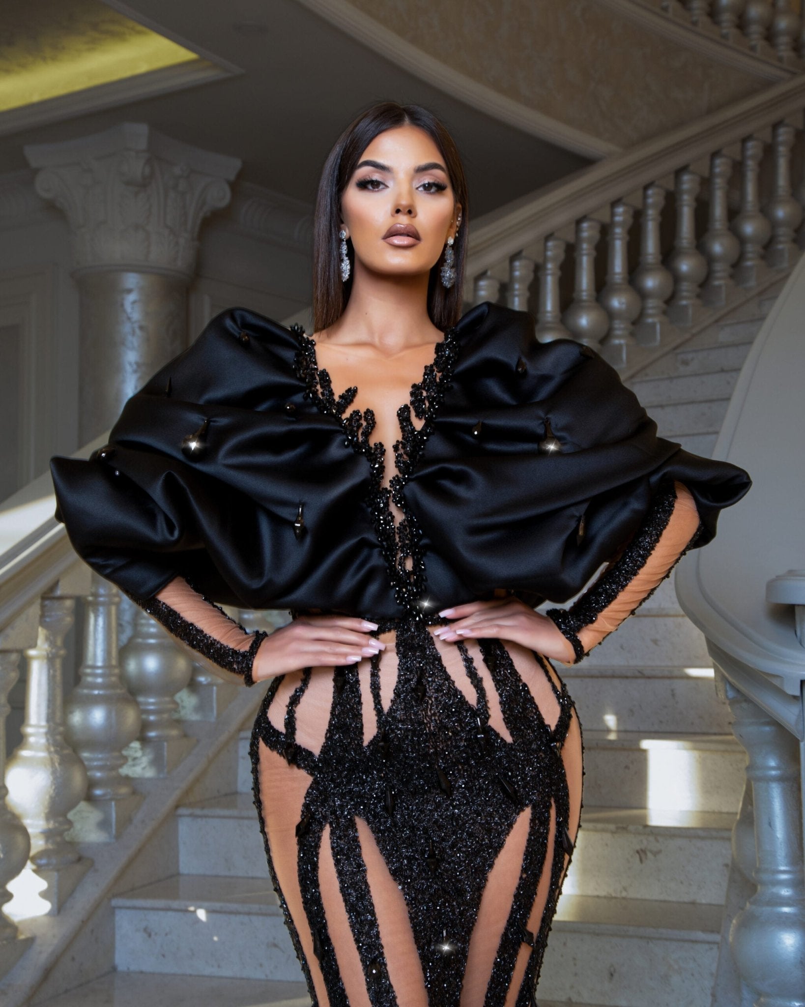 Elodiè Delicate Dress with Crystal Embroidery and Puff Sleeves - Blini Fashion House