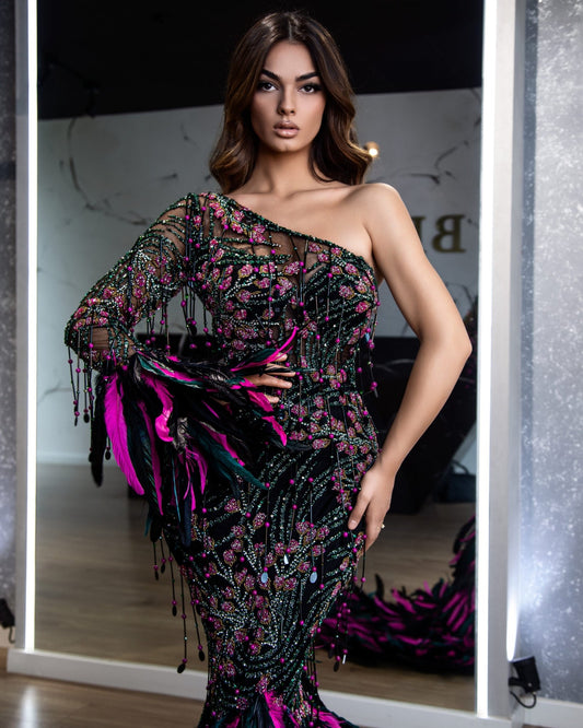 Elodie Luxurious Multi-Colored Feather Maxi Dress - Blini Fashion House