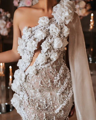 Close-Up Detail of Bridal Dress Fabric and Embellishments