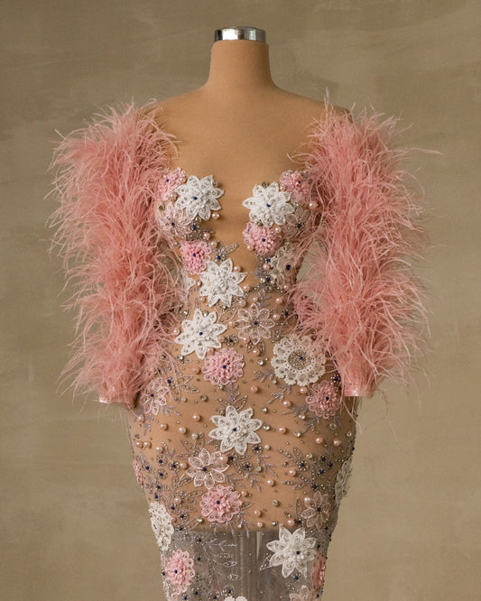 Elegant Feather Dress with Floral Lace