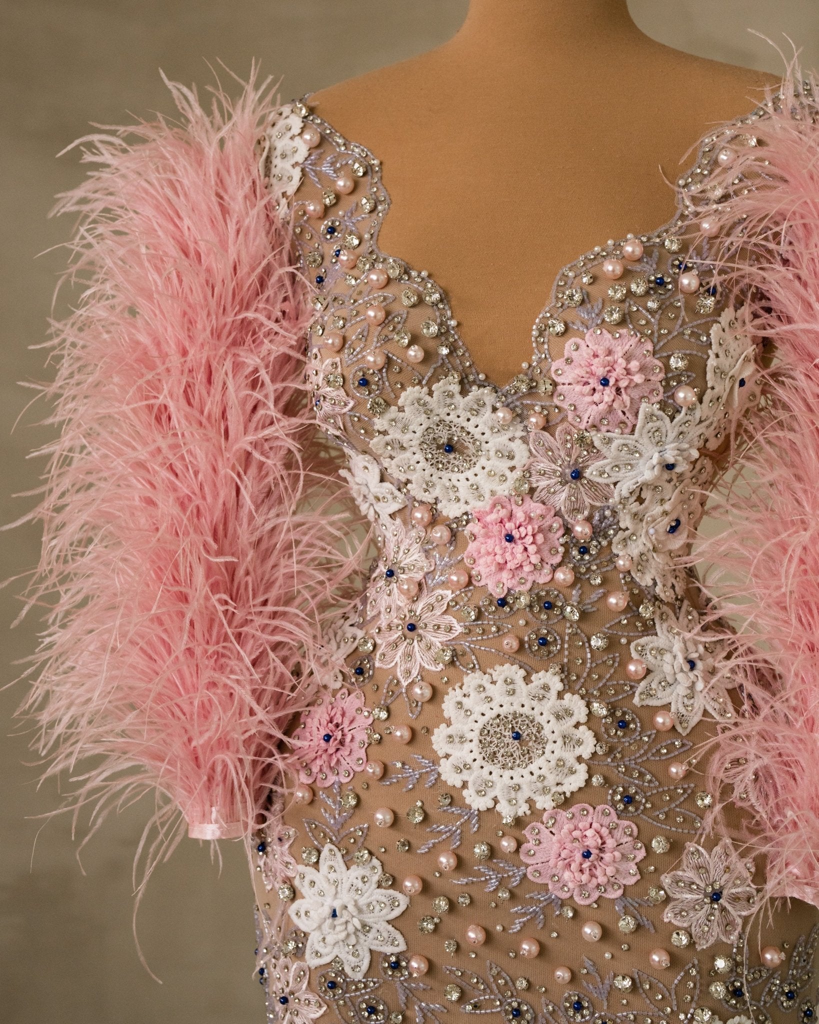 Light Pink Feather Sleeve Detail on Floral Dress