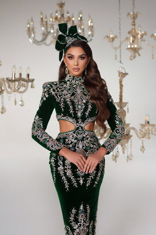 Green Velvet Tea-Length Dress - Luxurious Gemstone Embellished Gown