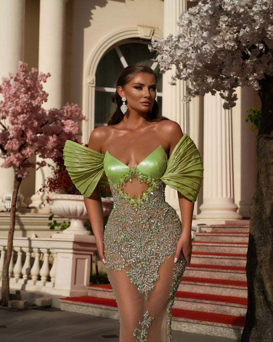 Off-Shoulder Green Dress with Waist Cutout