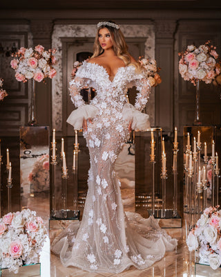 Luxurious Lace Bridal Gown Embellished with Pearls and 3D Flowers