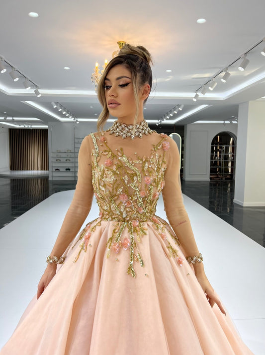 Emery Glamorous High-Neck Ballgown with Sparkling Stones - Blini Fashion House