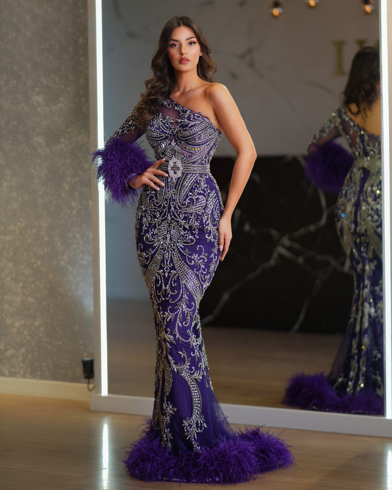 Emmanuelle Sparkling One-Shoulder Stone Gown - Blini Fashion House