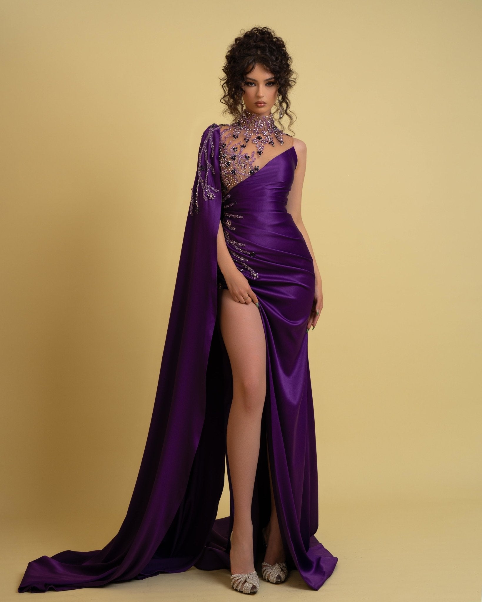 Neckline Satin Purple Mermaid Evening Dresses With Beadings – Pgmdress