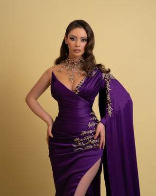 Sultry Deep Slit Purple Satin Dress