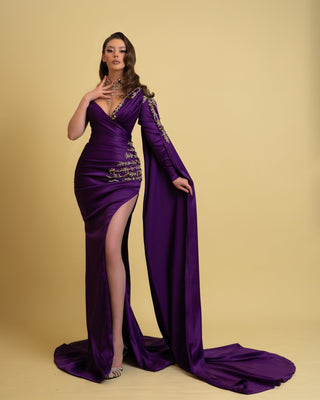 One-Shoulder Purple Satin Gown