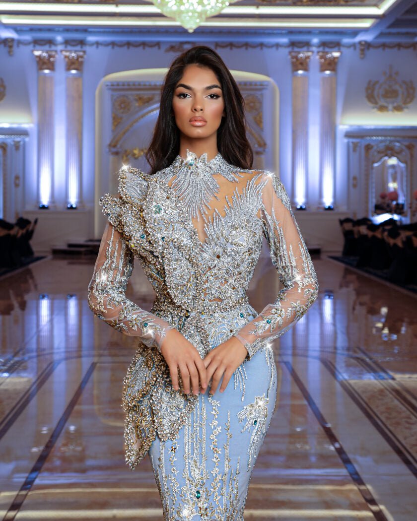 Ene Elegant High Neck Gown with Sparkling Stones - Blini Fashion House