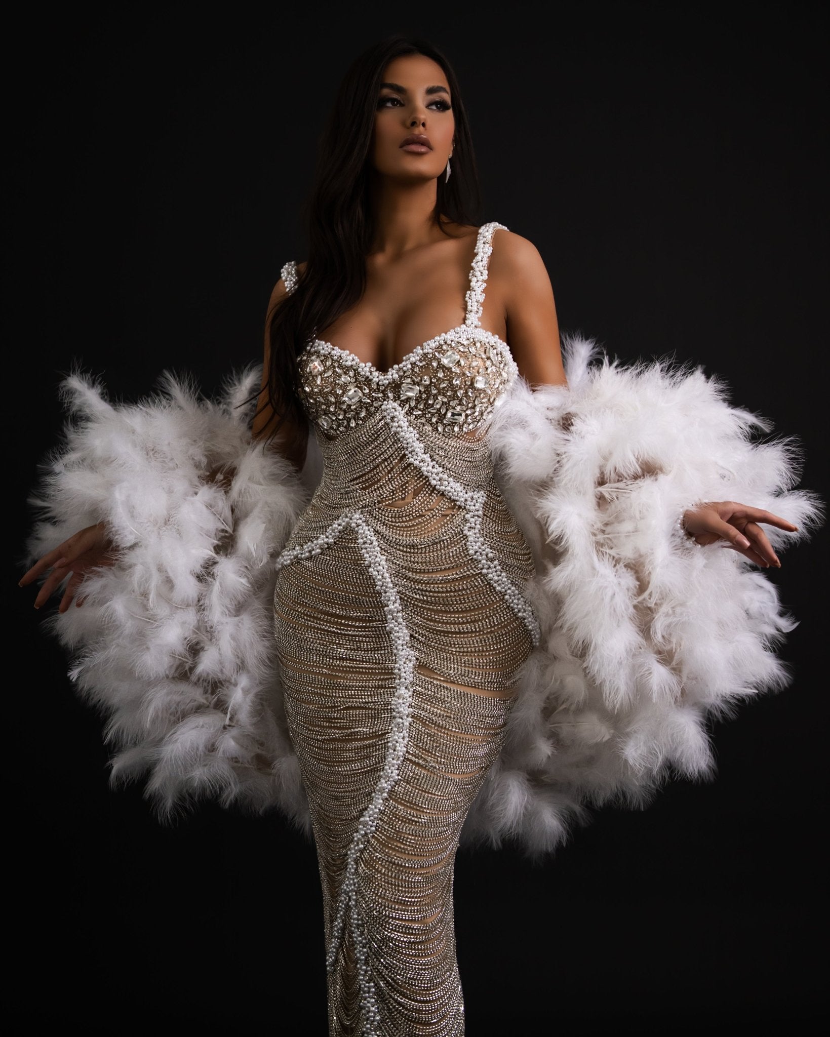 Chic silver dress with tassels and pearls