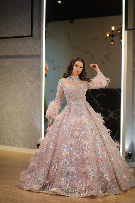High neck ball gown with feathers