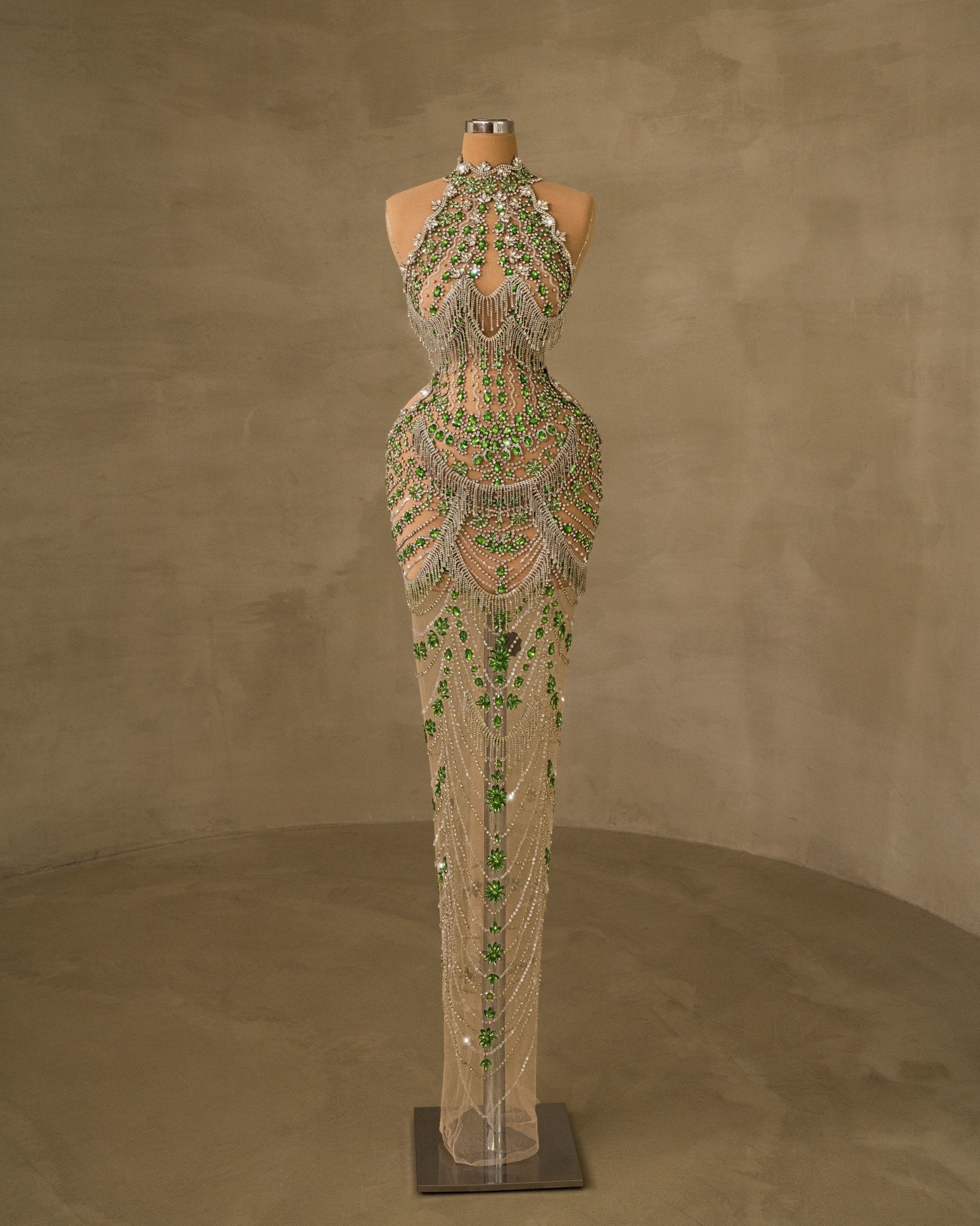 High Neck Dress Embellished with Rhinestones - Elegant Formal Attire