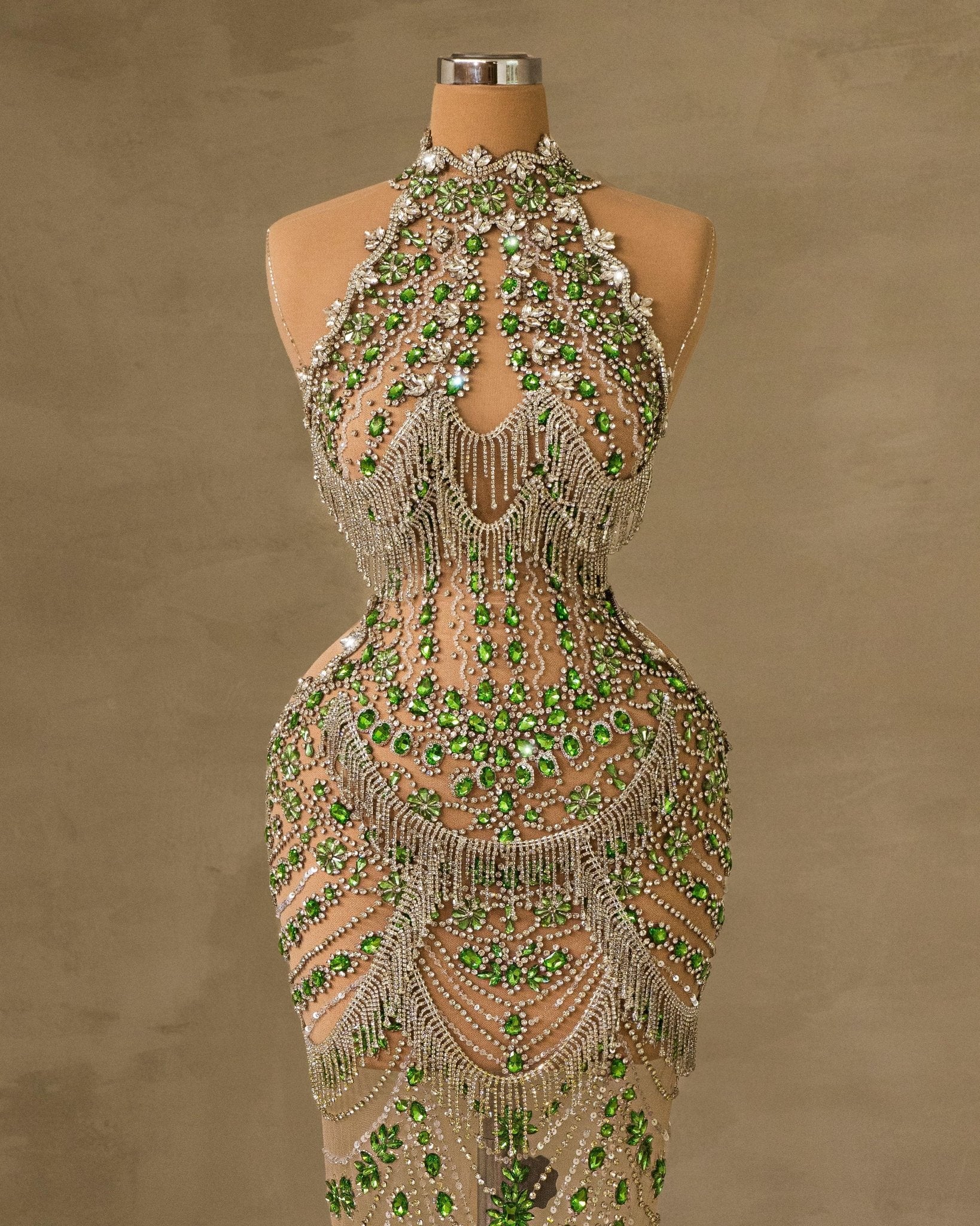 Exquisite Rhinestone Detailing on High Neck Dress