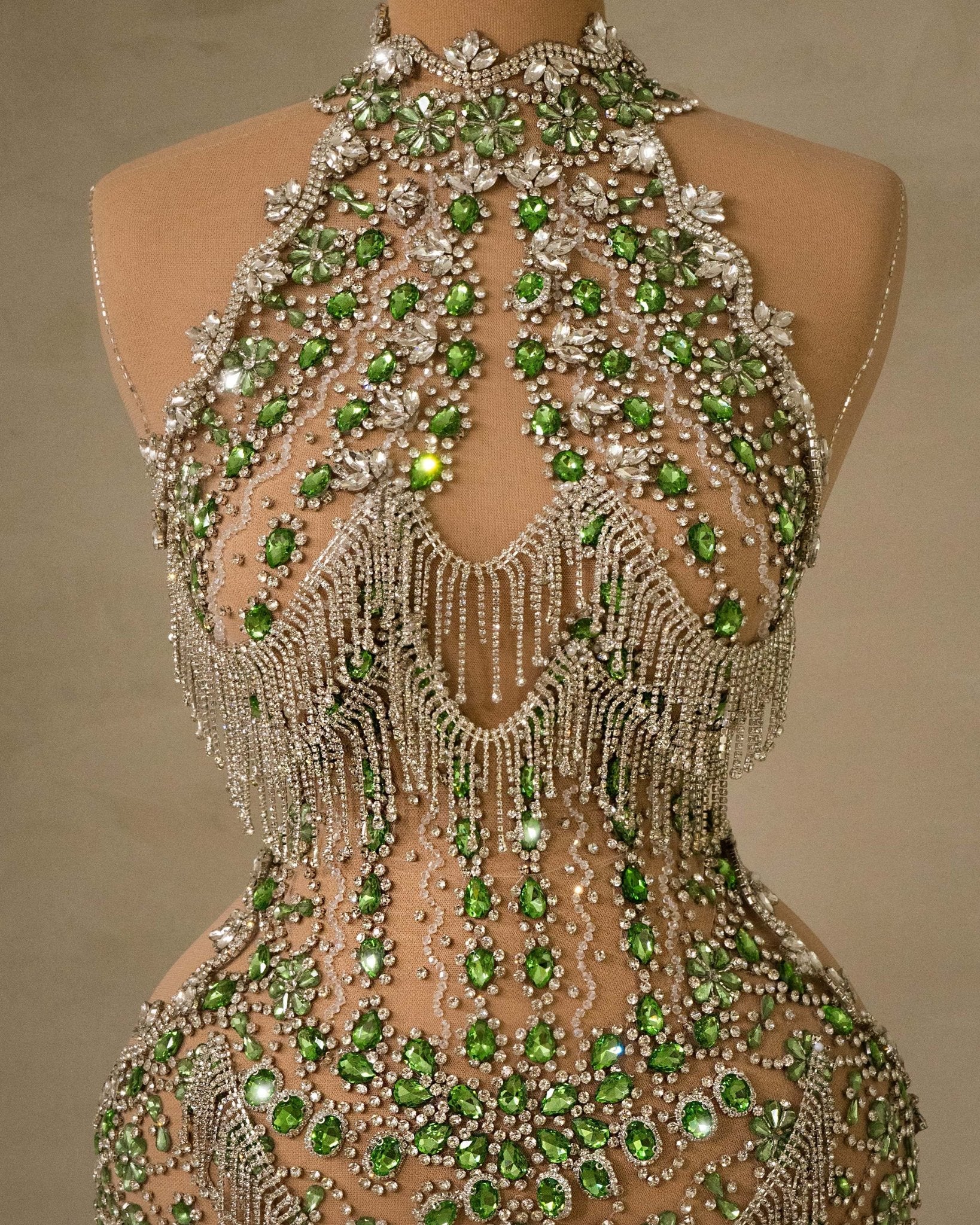 Intricate High Neck Design with Rhinestones on Dress