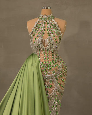 Sparkling Rhinestone Embellishments on Green Tail Dress